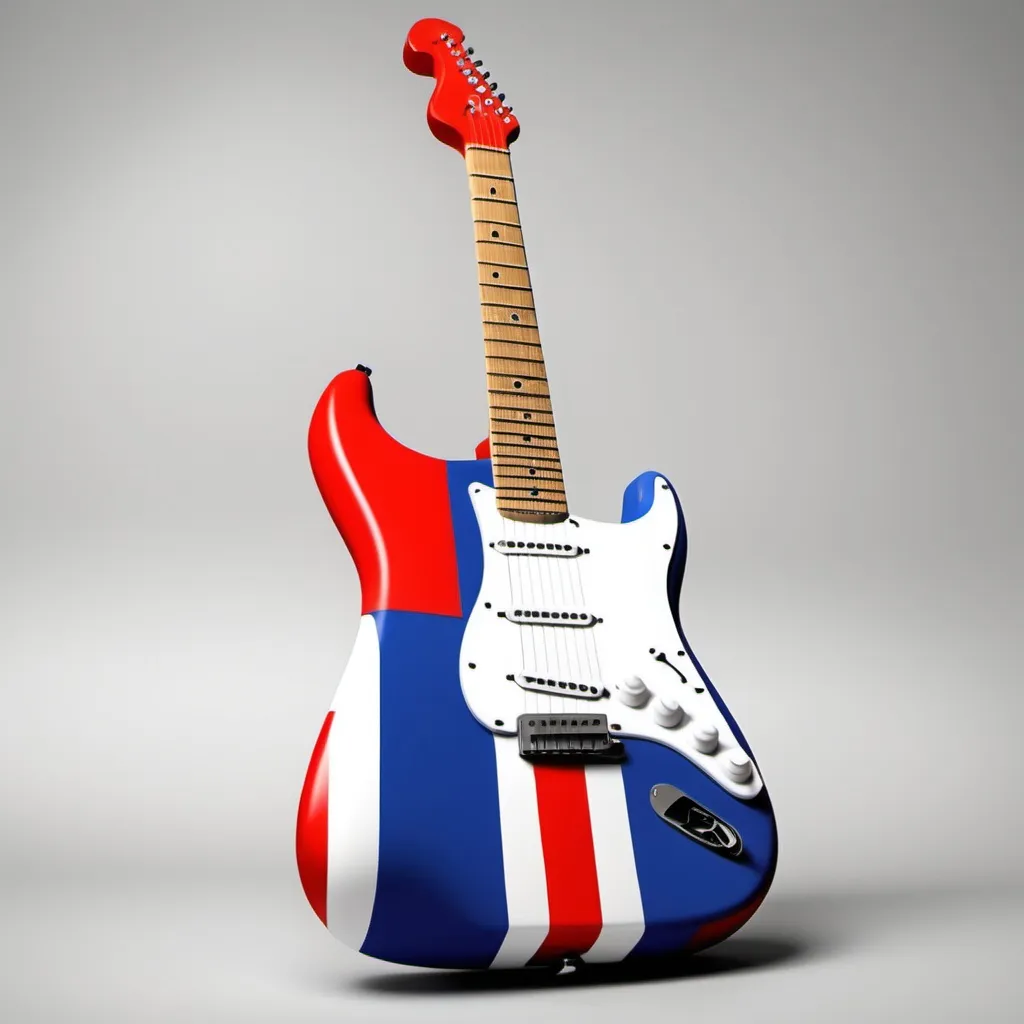 Prompt: Create a Fender stratocaster guitar where the body of the guitar has a theme that reminds someone of France, with special emphasis on the French Tricolor flag and the Eiffel Tower

