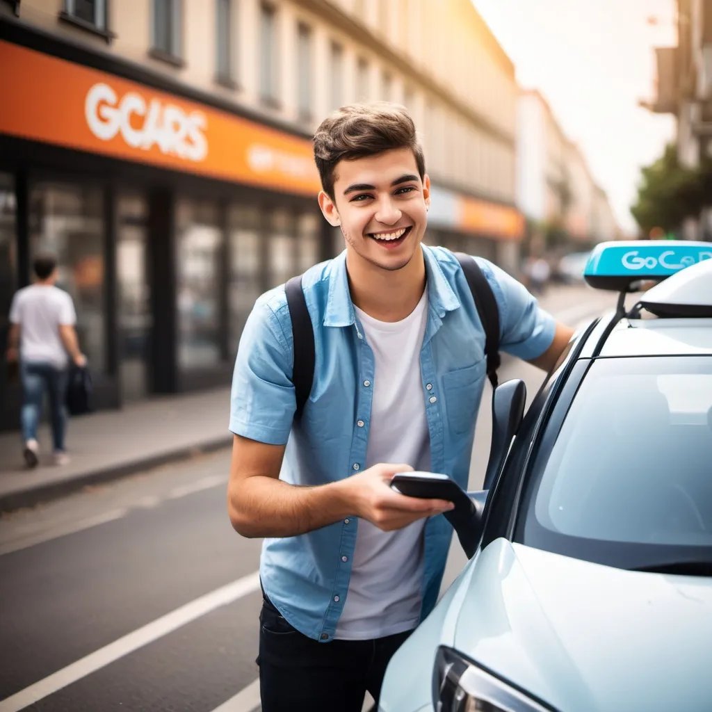 Prompt: A young man going for Gocars company to rent a car