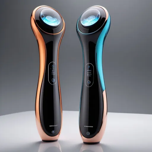 Prompt: (futuristic beauty device), handheld design, (elegant) ergonomic curves, sleek finish, (high-tech features), EMS technology, vibration function, heating element, modern aesthetics, (fashionable look), metal and glass materials, (clean lines), illuminated interface, soft glow, (vibrant reflections), luxurious packaging, (ultra-detailed), professional product shot, (refined ambiance), high quality, 4K resolution.