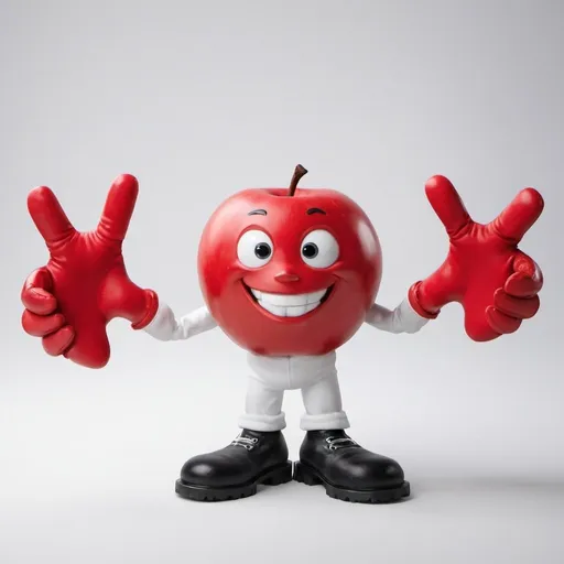 Prompt: red apple with his big white hands in front of him and white legs with big feet. Small, separated eyes with a closed wide mouth smiling. wearing gloves.