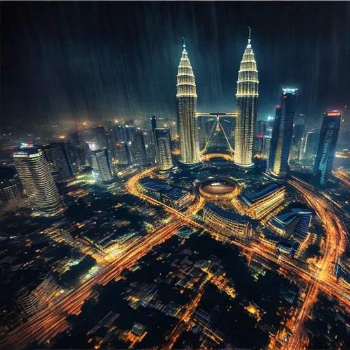 Prompt: Hyperrealistic digital painting of Kuala Lumpur at night, with rain pouring down, capturing the city's famous skyline and iconic landmarks, by renowned photographer Jimmy Chin. Detailed and lifelike depiction of the city lights reflecting on the wet streets, creating a dreamy atmosphere. (Square image)