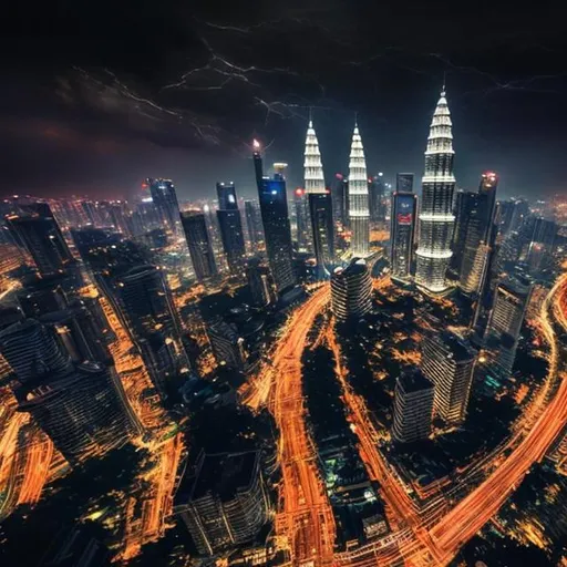 Prompt: Hyperrealistic digital painting of Kuala Lumpur at night, with rain pouring down, capturing the city's famous skyline and iconic landmarks, by renowned photographer Jimmy Chin. Detailed and lifelike depiction of the city lights reflecting on the wet streets, creating a dreamy atmosphere. (Square image)