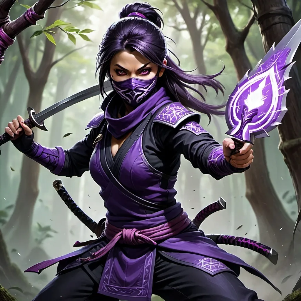 Prompt: Female Ninja, Purple Theme, Based off Akali from LoL, Elegant yet deadly, Kunai in mouth, Background magical forest