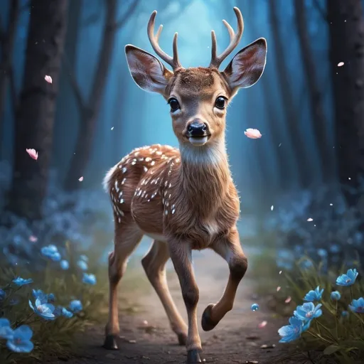 Prompt: A hyper-realistic digital artwork of an adorable cute deer walking gracefully, looking directly at the viewer with big and blue, expressive eyes. The fur of the deer is slightly dense and textured, with each hair finely detailed and shimmering with tiny sparks under a dimly lit night sky. Sakura petals gently fall around it, adding to the magical, serene atmosphere. The scene is set on a rough textured surface that resembles the wood. The color palette is dominated by shades 