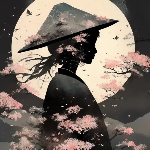 Prompt: a beautiful silhouette of a japanese woman wearing a tree shaped helmet, balancing on a mountain top, with a beautiful landscape beneath, blossoms blowing everywhere, artful, aesthetic, night, textured 