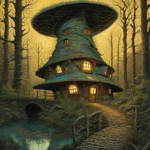 Prompt: "witch hat shaped house in a fantasy forest, sunbeams, elegant beautiful dynamic lighting high definition hdr matte background Van Gogh acrylic art intricate details Jacek Yerka, hyperboloid world, oil on canvas, very attractive Victo Ngai Transparency Affandi Kusuma Pen and ink sketch, dark forest, brick road, bridge"

