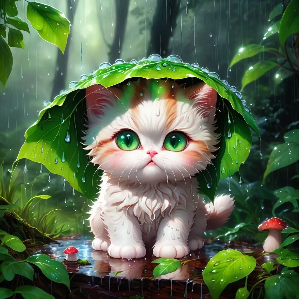 Prompt: an adorable fluffy grumpy baby kitten with sparkling green eyes hiding under a large leaf from the rain, rainbow light reflection of waterdrops, mushrooms, rain, dark forest, fantasy realism, chaotic energy, dark colors, conceptual embroideries, luminosity of the night, sparse, 32k uhd, 16k resolution photorealistic, masterpiece, breathtaking intricate details, realistic and lifelike cgi, dramatic natural lighting, reflective catchlights, high quality CGI VFX fine art