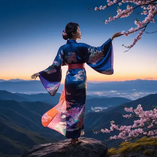 Prompt: a beautiful silhouette of a japanese woman wearing a glass reflective colourful flowing silk kimono, balancing on a mountain top, with a beautiful landscape beneath, blossoms blowing everywhere, artful, aesthetic, night