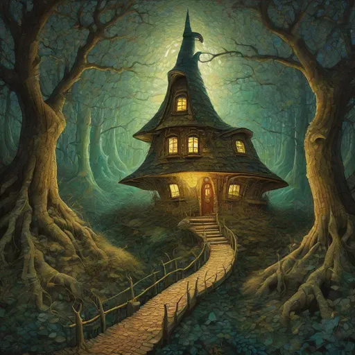 Prompt: "witch hat shaped house in a fantasy forest, sunbeams, elegant beautiful dynamic lighting high definition hdr matte background Van Gogh acrylic art intricate details Jacek Yerka, hyperboloid world, oil on canvas, very attractive Victo Ngai Transparency Affandi Kusuma Pen and ink sketch, dark forest, brick road, bridge"

