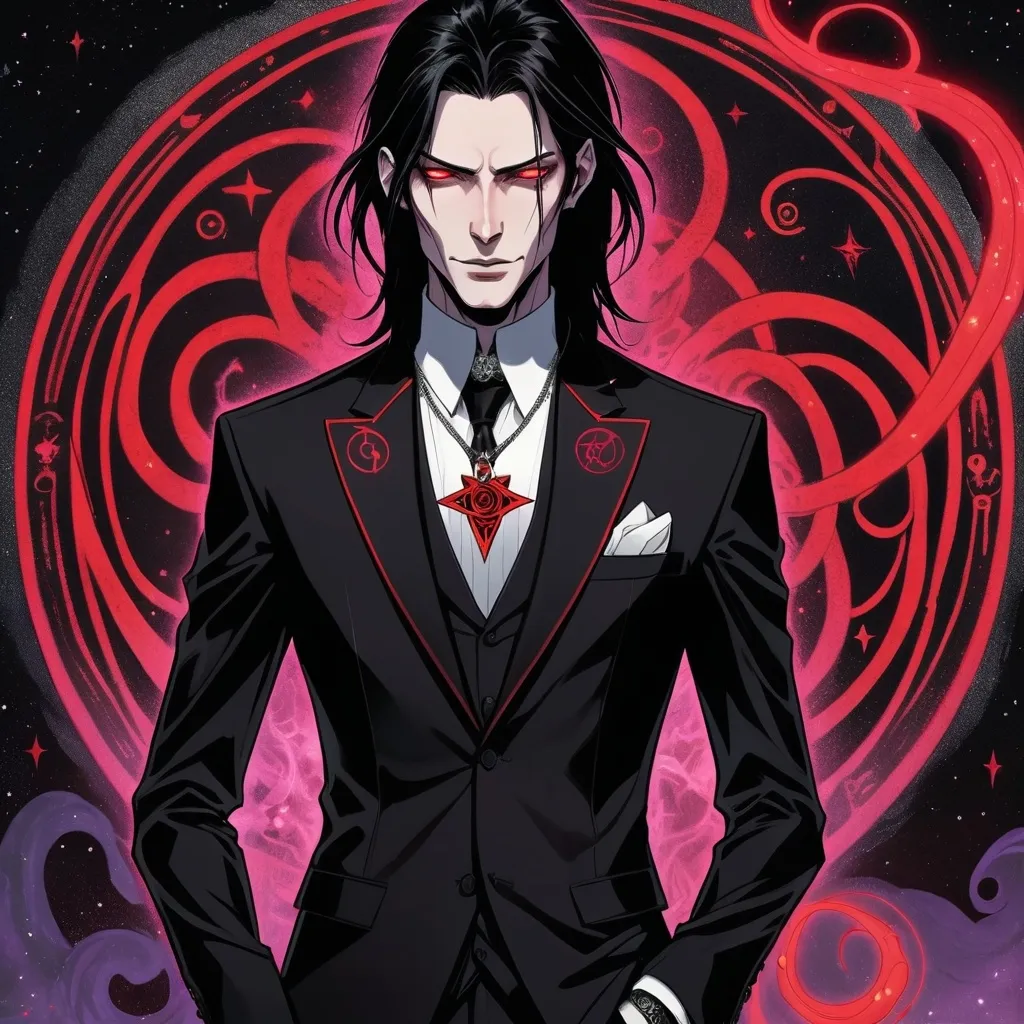 Prompt: a tall, slender figure with a pale complexion. His eyes are a piercing shade of crimson, and he has a thin, angular face framed by long, jet-black hair streaked with silver. He dresses in a tailored black suit adorned with arcane symbols that seem to shimmer with an otherworldly glow. Around his neck hangs a pendant with a swirling vortex trapped within it