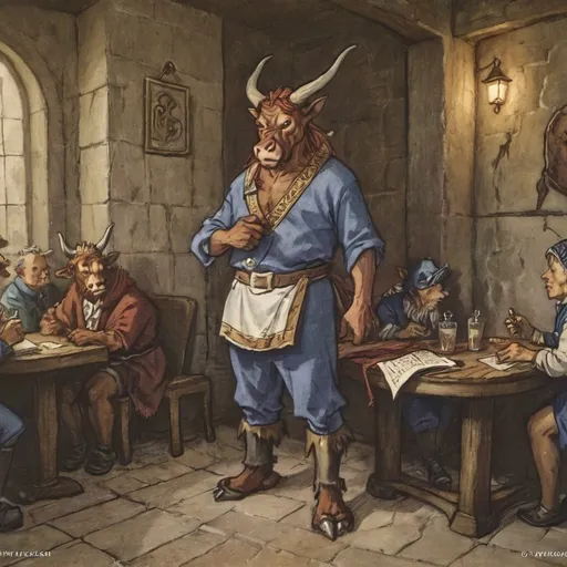 Prompt: Hyperrealistic medieval fantasy oil painting of a minataur mage DnD character, in a tavern, Bull nose, cow legs, hooves, blue gleaming spellbook, in ornate detailed mages robe, dramatic lighting, detailed facial features, high quality, DnD character, dramatic lighting, professional quality, Anton Pieck style, 