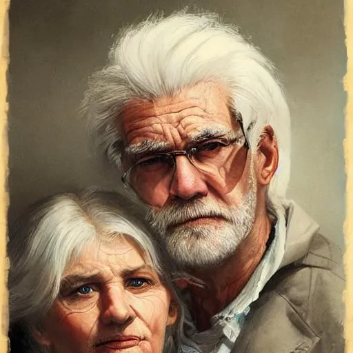 Prompt: Portrait of old man and old woman,with white hair and with cute face, {background}, perfect composition, hyperrealistic, super detailed, 8k, high quality, trending art, trending on artstation, sharp focus, studio photo, intricate details, highly detailed, by greg rutkowski