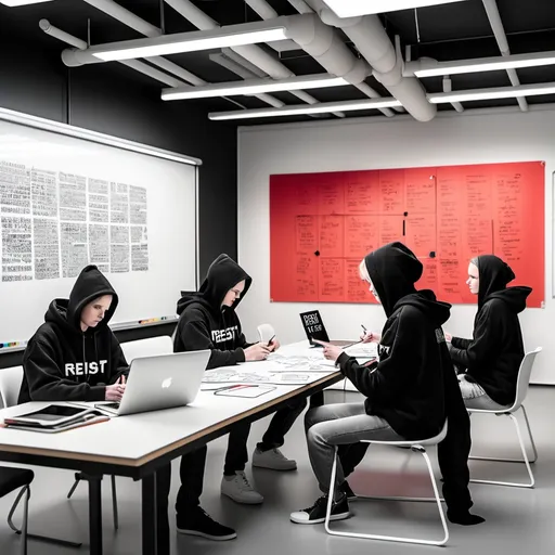 Prompt: Designers  in digital art studio wearing black and white with hoodies with the Words RESIST AND REMEDIATE in LARGE red letters. ON THE WALL a whiteboard SAYS 12000 reads of the DESIGN JOURNAL  article from AALTO University IN POST IT NOTES. 