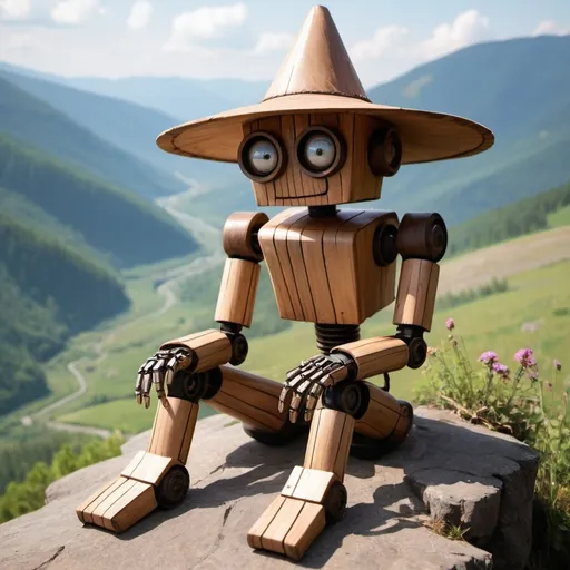 Prompt: I tall, skinny wooden robot in the style of a wooden troll sitting on the ground on a mountain side looking down to the valley below.  He should look relaxed and happy.  His legs are sprawled out.  He wears a large hat obscuring his face.
