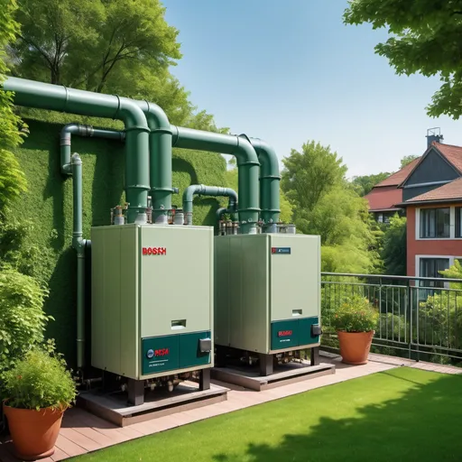 Prompt: Realistic photography of Bosch boilers on a lush green balcony, overlooking a park, high definition, realistic style, greenery, detailed industrial equipment, professional photography, natural lighting, vibrant colors, balcony view, Bosch boilers, park scenery, high quality, realistic, detailed, professional, natural lighting, vibrant colors