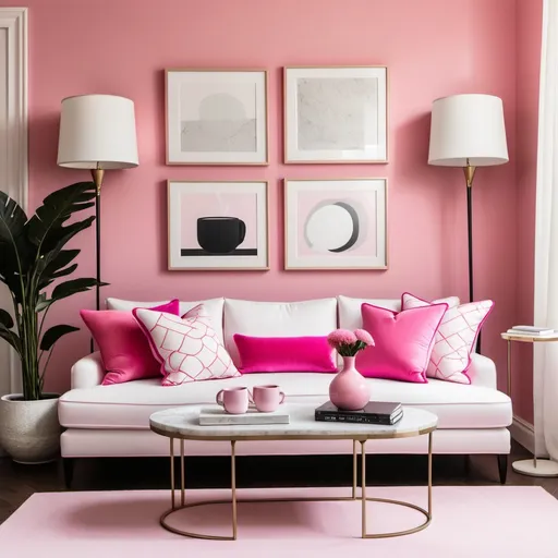 Prompt: Living room with white couch. Light Pink walls. Lamp and marble. Coffee table. 6 cushions . Various back and white fabric prints on cushions with hot pink trim. 