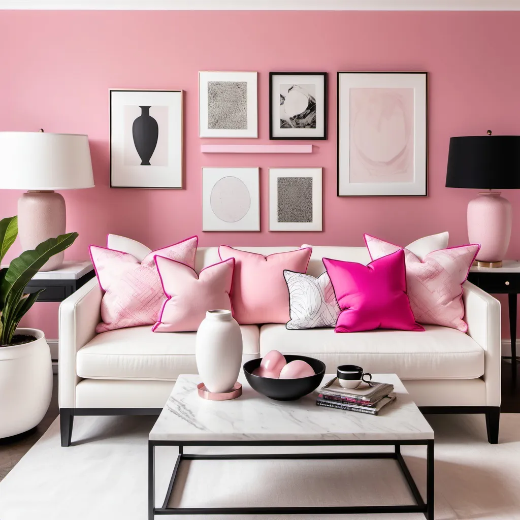 Prompt: Living room with white couch. Light Pink walls. Lamp and marble. Coffee table. 6 cushions . Various back and white fabric prints on cushions with hot pink trim. 