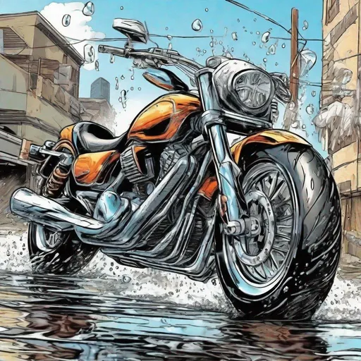 Prompt: motorcycle getting wash, makes it look like an event Style, make this style look like you drew it up. comic Style, color, water falling of, 3d