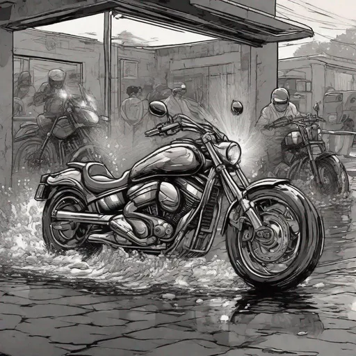 Prompt: motorcycles getting wash, at least 4 motorcycle, makes it look like an event Style, make this style look like you drew it up. comic Style