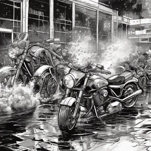 Prompt: motorcycles getting wash, at least 4 motorcycle, makes it look like an event Style, make this style look like you drew it up, comic book style, cartoonish, black and white 
