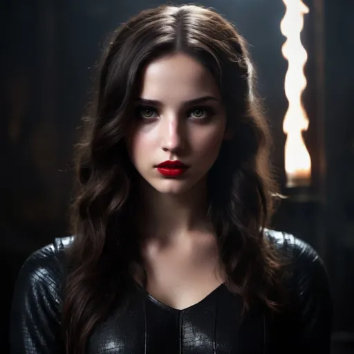 Prompt: Brunette girl with dark eyes, Jewish features, medium-sized nose, red lips, high-quality, cinematic, Hunger Games style, intense gaze, dystopian setting, dramatic lighting