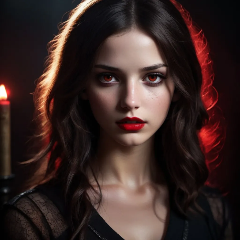 Prompt: Brunette girl with dark eyes, Jewish features, medium-sized nose, red lips, high-quality, cinematic, Hunger Games style, intense gaze, dystopian setting, dramatic lighting