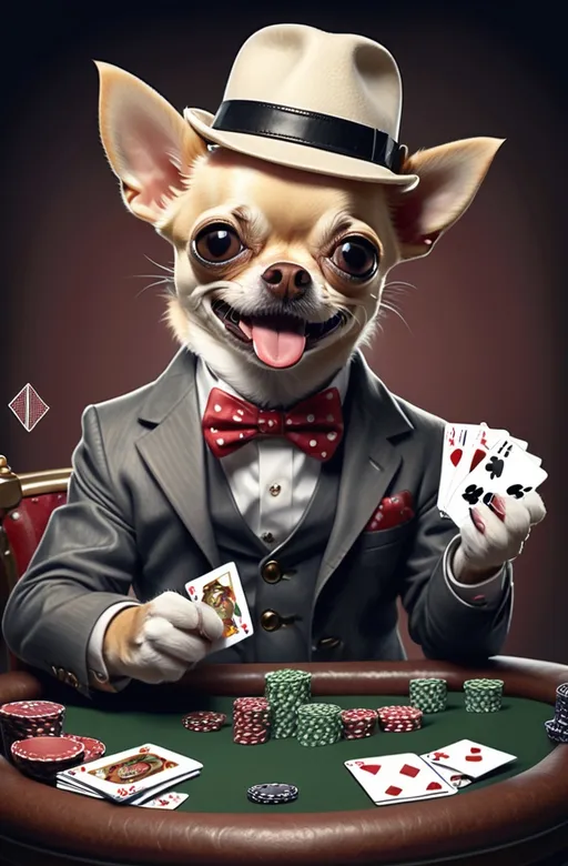 Prompt: chihuahua play poker, with dog paw, smile, tongue