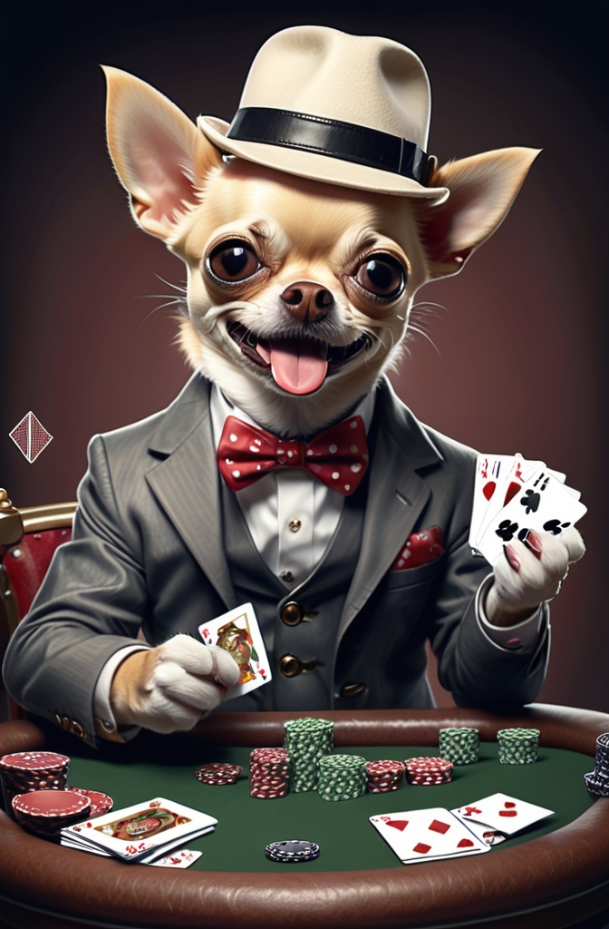 Prompt: chihuahua play poker, with dog paw, smile, tongue