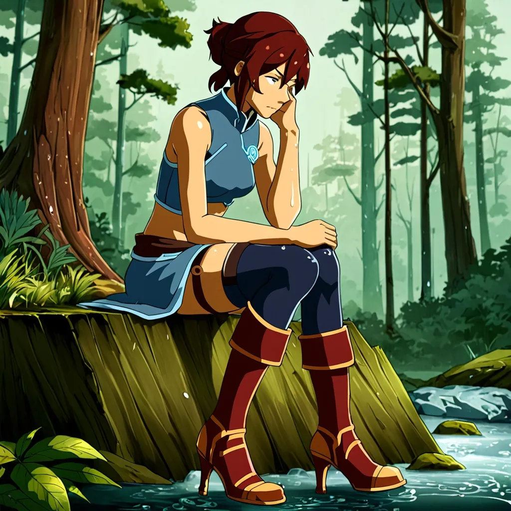 Prompt: anime, korra, detailed, bright red hair, shy, very detailed, full body, purple high heel leather boots, forest background, sitting, wet