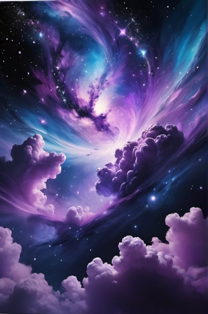 Prompt: Cosmic sky with love. Lilac, blue and black. Space that's creating connection. World that's helping. Dark plain 