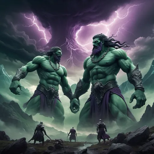 Prompt: (jوج وماجوج), (legendary giants), a dramatic sky filled with dark swirling clouds, ominous mountains looming in the background, eerie atmosphere, ominous greenish and purplish color tones, figures engaged in a fierce battle, mystical energy radiating around them, highly detailed texture, (Epic fantasy), intense, 4K resolution, vivid lighting effects showcasing the tumultuous clash.