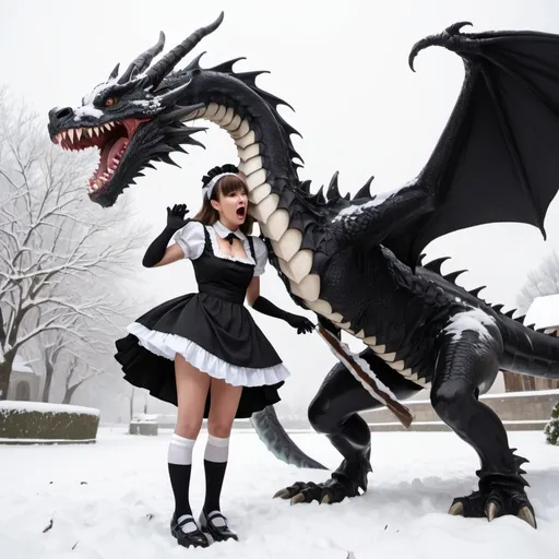 Prompt: A giant dragon bites the head off a french maid in short black maid's dress and white knee socks in the snow