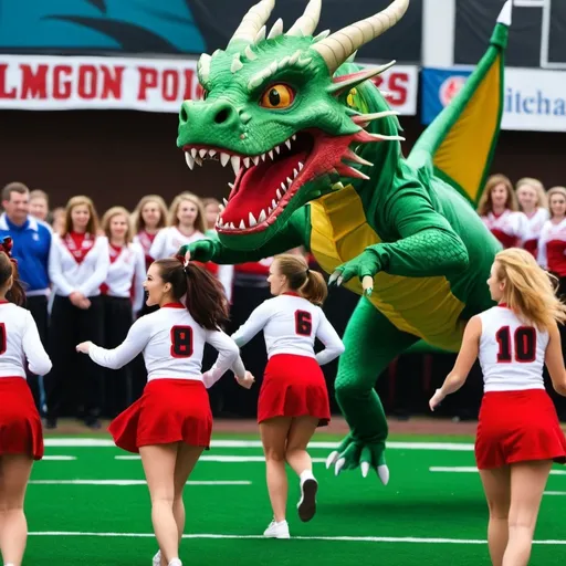 Prompt: a dragon chases cheerleaders