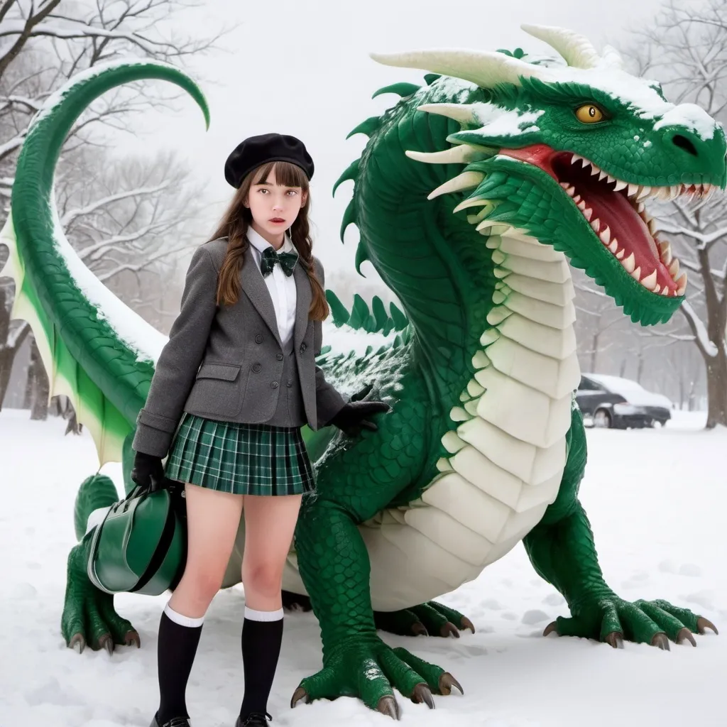 Prompt: Teenaged Catholic schoolgirl in plaid miniskirt, bow tie , beret and short peacoat an white saddle gets caught by an enormous green dragon in the snow.