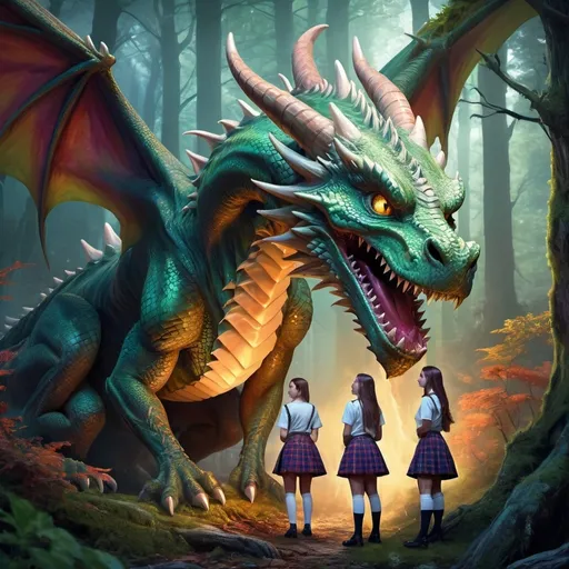 Prompt: a dragons eats teen schoolgirls in white knee socks and plaid skirts.