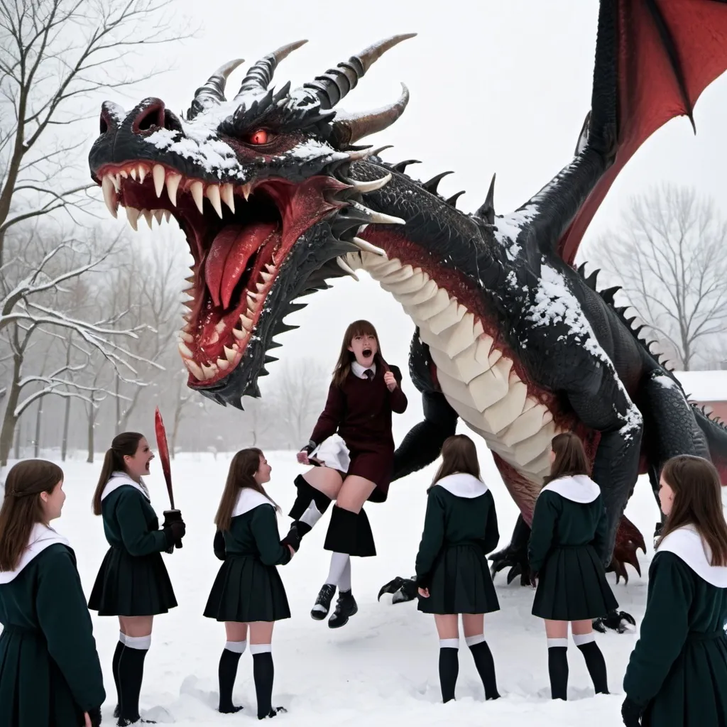 Prompt: A huge dragon eats teenaged schoolgirls in the snow. Blood. White knee socks. Huge teeth.