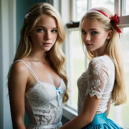 Prompt: 2 girls, 16, American, long blonde hair, bright eyes, artistic photography, freckles, short tight clothes, bedroom window, lace, ribbon