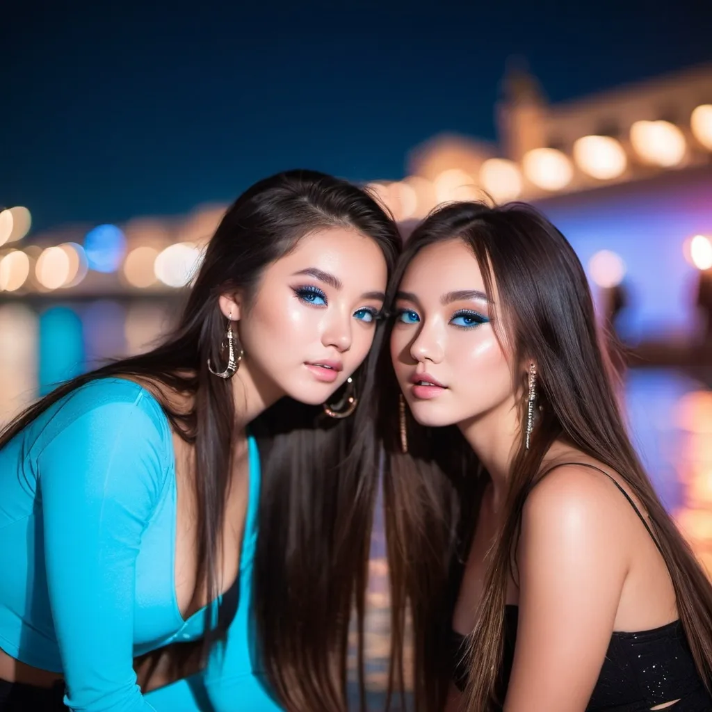 Prompt: 2 girls, 16, Chinese, glamour photography, bokeh, bright blue eyes, long soft hair, smokey eye makeup, alluring gaze, inviting, modern, short tight clothes, rave, new years, ibiza