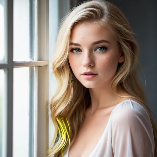 Prompt: Glamour photography of woman in bedroom window, 18, long blonde hair, bright eyes, soft features, youthful look, maxim style pose, freckles, flawless beauty, perfection,  modern make up, highlighted inner eye, alluring look, charm, class, wealth, from behind, looking back