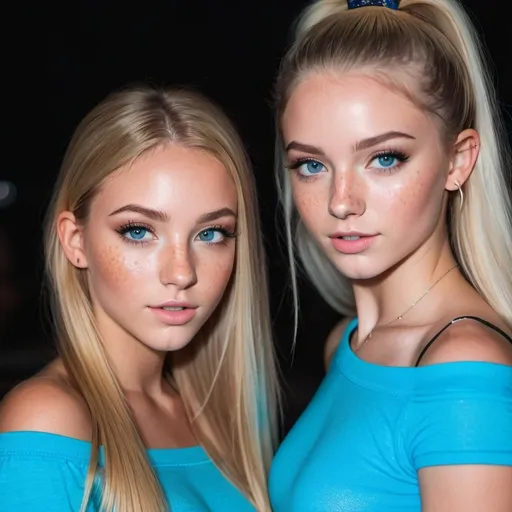 Prompt: 2 girls, 16, American, long blonde hair, bright blue eyes, artistic photography, freckles, short tight clothes, rave, alluring gaze, off the shoulder, flawless, beauty, smokey eye makeup