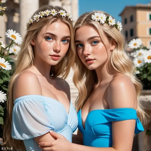 Prompt: 2 girls, 16, glamorous, Italian, bright blue eyes, long soft blonde hair, alluring expression, flawless, freckles, off the shoulder, swimwear, flowers, blooming, rome