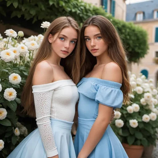 Prompt: 2 girls, 16, glamorous, Italian, blue eyes, long soft hair, alluring expression, flawless, freckles, off the shoulder, short tight clothes, body suit, skirt, flowers, blooming, france