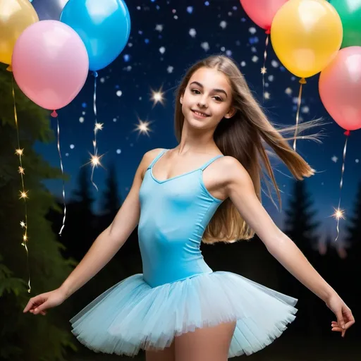 Prompt: A beautiful italian 16 year old ballet dancer poses in her short tight clothes showing off her soft long hair that is brightly coloured and gives an open inviting alluring charm drawing the viewer closer, the background features unique details such as stars sparks fireflies balloons bubbles clouds or a forest.