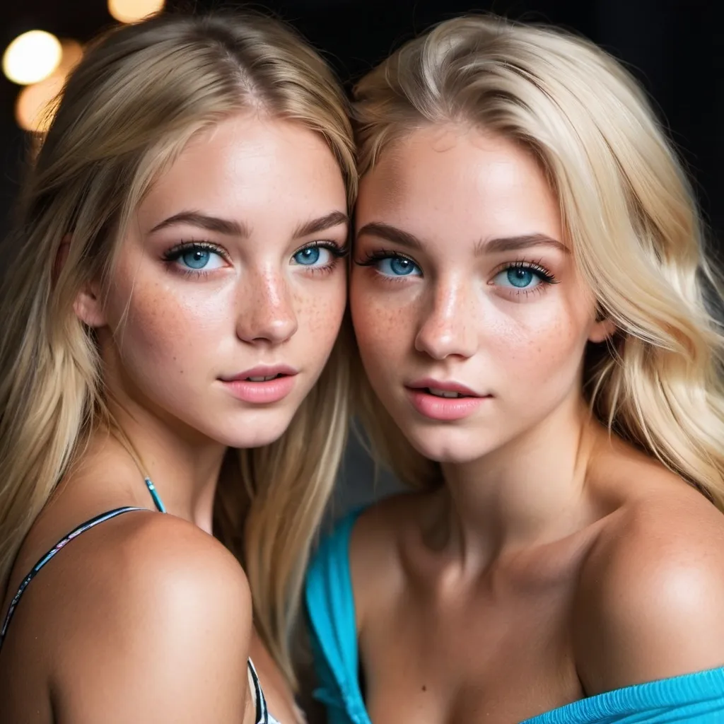 Prompt: 2 girls, 16, American, long blonde hair, bright blue eyes, artistic photography, freckles, short tight clothes, rave, alluring gaze, off the shoulder, flawless, beauty, smokey eye makeup, slipping out, falling out, sloppy, aerie, h&m, la vie en rose