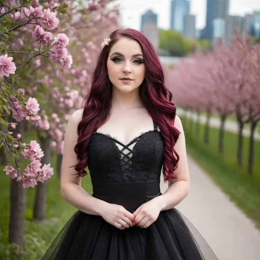 Prompt: 16, female main subject, curvy, cute aesthetic, gothic ballerina, long hair, beautiful, flawless appearance, Toronto, flowers, blossoming, sparks, WOW