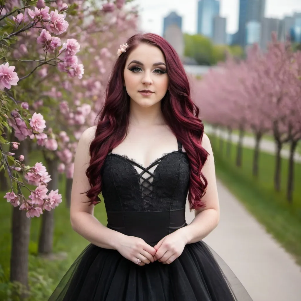 Prompt: 16, female main subject, curvy, cute aesthetic, gothic ballerina, long hair, beautiful, flawless appearance, Toronto, flowers, blossoming, sparks, WOW