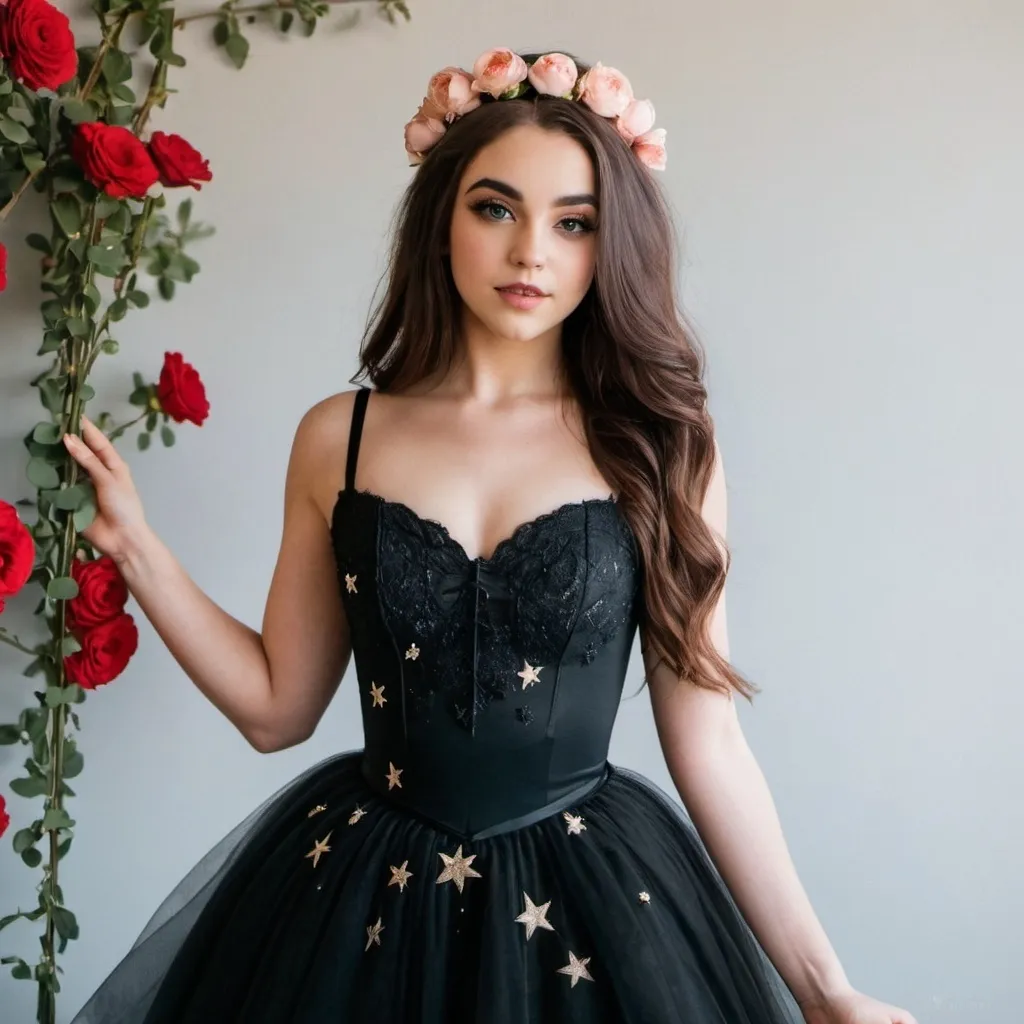 Prompt: 18, female main subject, curvy, cute aesthetic, gothic ballerina, long hair, beautiful, flawless appearance, Portugal, flowers, blossoming, stars