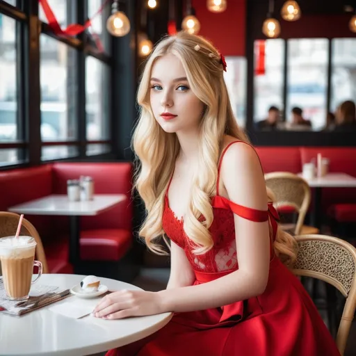 Prompt: Girl, 16, sitting in cafe. She wears a red dress, environment is brightly lighted. Long blonde hair, ribbons, lace, modern, alluring gaze