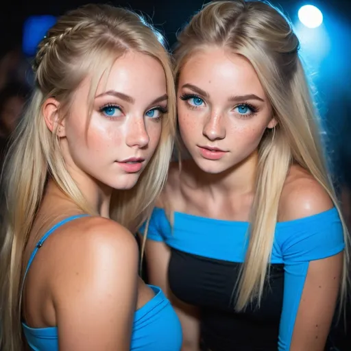 Prompt: 2 girls, 16, American, long blonde hair, bright blue eyes, artistic photography, freckles, short tight clothes, rave, alluring gaze, off the shoulder, flawless, beauty, smokey eye makeup