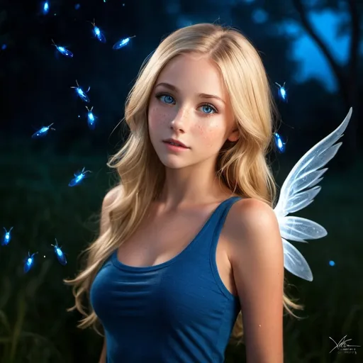 Prompt: 16, girl, long blonde hair, slender, short tight clothes, posing, bright blue eyes, alluring, inviting, Italian, background with fireflies, freckles, smoky eye makeup with wings